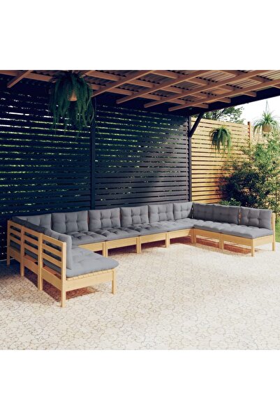 vidaxl Set mobilier gradina cu perne, 10 piese, gri, lemn masiv pin