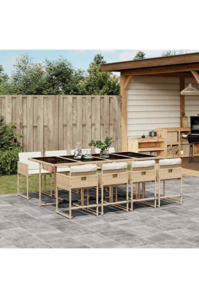 vidaxl 9-piece garden table set with cushions, beige, polyrattan