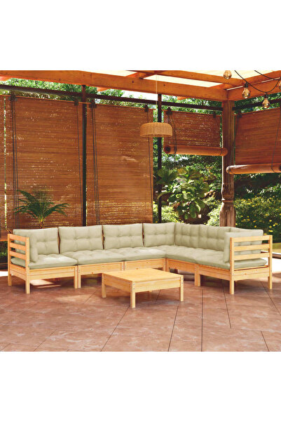 vidaxl Set mobilier gradina cu perne crem, 7 piese, lemn masiv pin