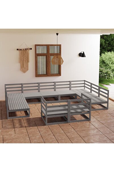 vidaxl Set mobilier de gradina, 11 piese, gri, lemn masiv de pin
