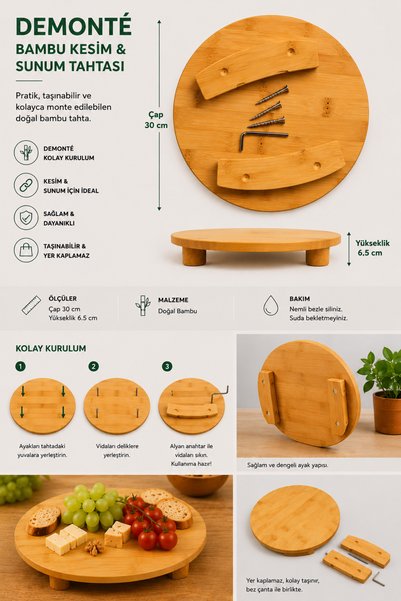 Kitchen Line Bamboo Cutting and Presentation Board I Round, Elevated Detachable Wooden Serving Stand and Cutting Board