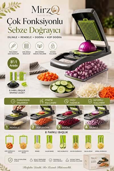 MirzaQ Çok Fonksiyonlu Sebze Doğrayıcı Rende Dilimleyici Küp Doğrama Seti 8 A...