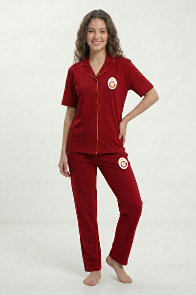 Galatasaray Orijinal Lisanslı Kadın Düğmeli Kare Yaka Pijama Takım