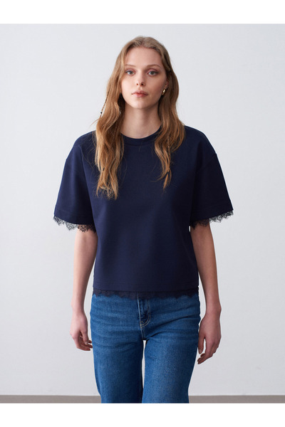 Dilvin 32826 Lace Detailed Short Sleeve T-Shirt-Navy Blue