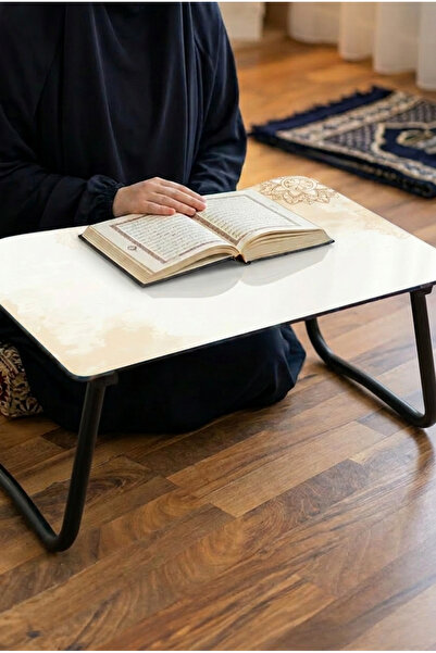 Zevahir Home Foldable Glass Laptop Stand - Elegant White Gold Mandala Themed