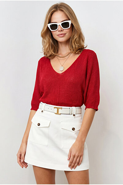 Olalook Women's Burgundy V-Neck Mercerized Bat Draped Knitwear Blouse Blz-190...