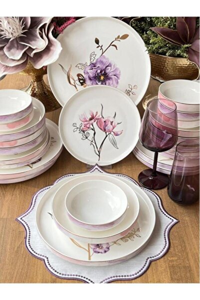 Sembol Purple Rose Bone China 24 Parça Yemek Takımı