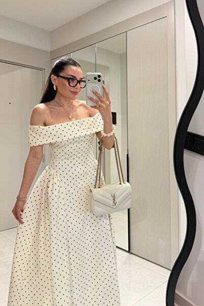 Marbella Kadın Beyaz Madonna Yaka Puantiyeli Midi Boy Şık Elbise