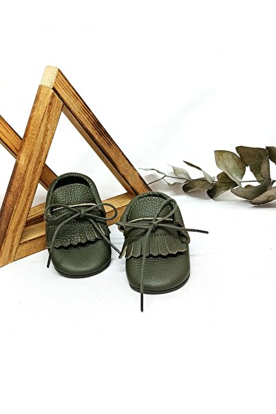 MİNİBİRİ Classy Model Haki Yeşil Renk Hakiki Deri Bebek Makosen Patik Bebek A...
