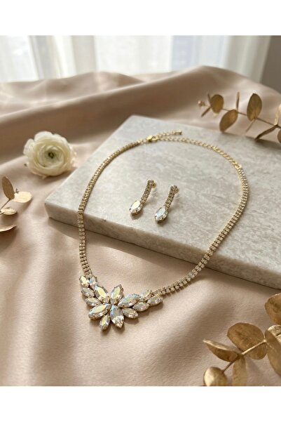 PİNPİN AKSESUAR GOLD/ALTIN RENK ZİRKON TAŞLI LOTUS KOLYE VE DAMLA KÜPE SETİ