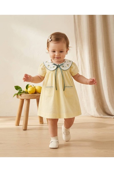 PİTABABY Kız Bebek Limon Nakışlı Yakalı Sarı Elbise-%100 Pamuk (9-24 Ay )
