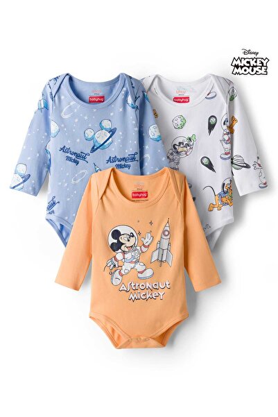 Babyhug Disney Knit Onesie with Mickey Mouse Graphic, Pack of 3 - Peach /Whit...