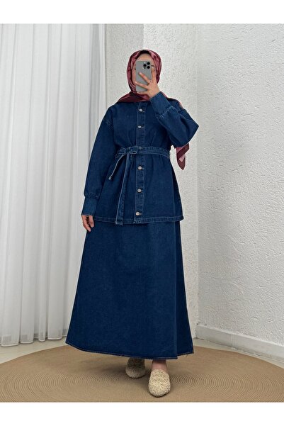 Holehola Munir Metal Buttoned Skirted Denim Suit-Ls5432 Denim Color