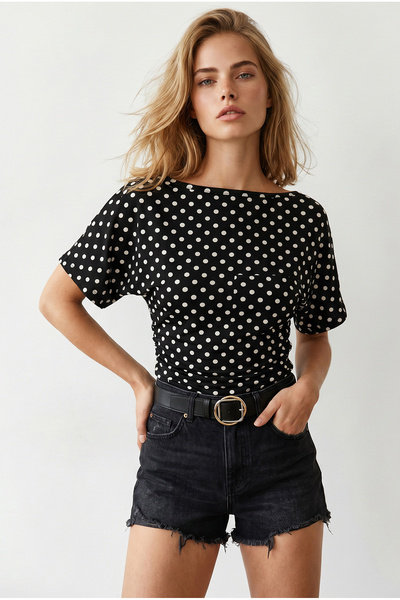 Olalook Women's White Polka Dot Drape Detailed Bat Model Polyamide Blouse Blz...
