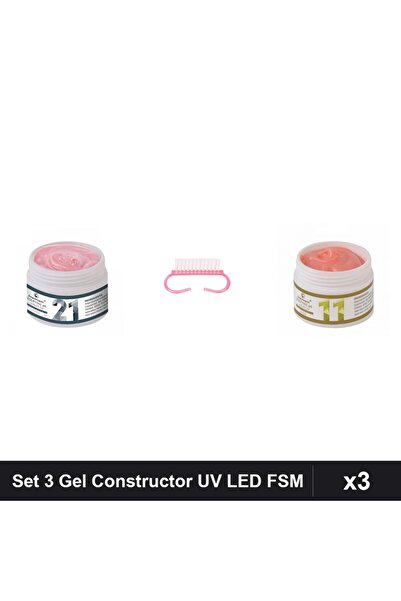 Makeup Set 3 Gel Constructor UV LED FSM 15g, Nuante 21 și 11, Periuță Praf Roz