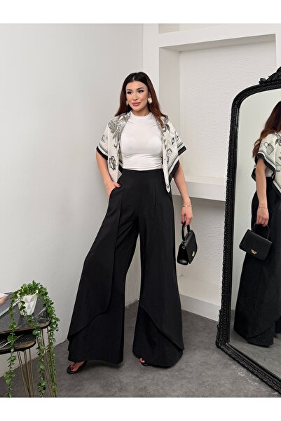 Hatun Atila Women's Tensel Modal Fabric Wide Leg Palazzo Trousers with Cape 9069