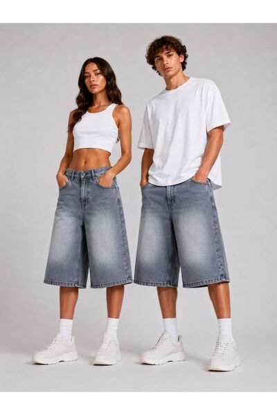 St.Poll Pantaloni scurți din denim unisex, cu aspect uzat și spălare vintage