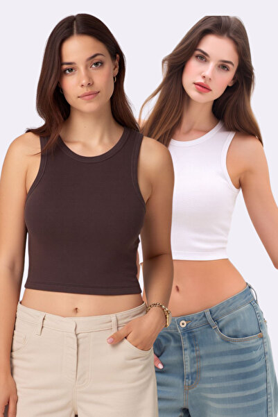 Pearlune Kadın 2 Adet Pamuklu & Esnek Basic Crop Top Atlet - Yumuşak Dokulu &...