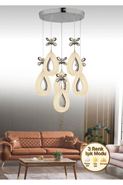 Lüxev Lighting Yağmur Model 6'lI Gümüş 3 Renk Modu Ledli Kristal Taşlı Modern...