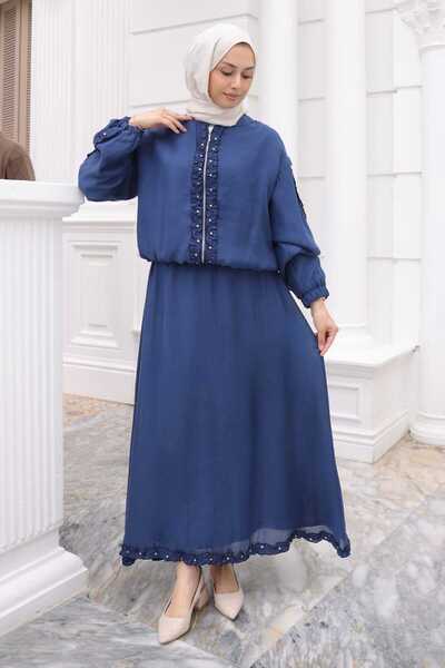 İmajButik Set jachetă și fustă cu mâneci elastice și fermoar, albastru marin