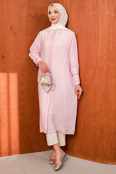 İmajButik Pink Buttoned Long Tunic with Back Slit