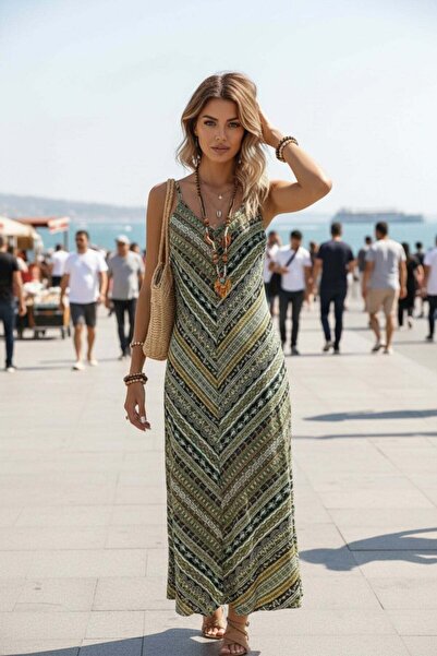 Mossta Thin Straps V-Neck Patterned Single Jersey Dress - Green