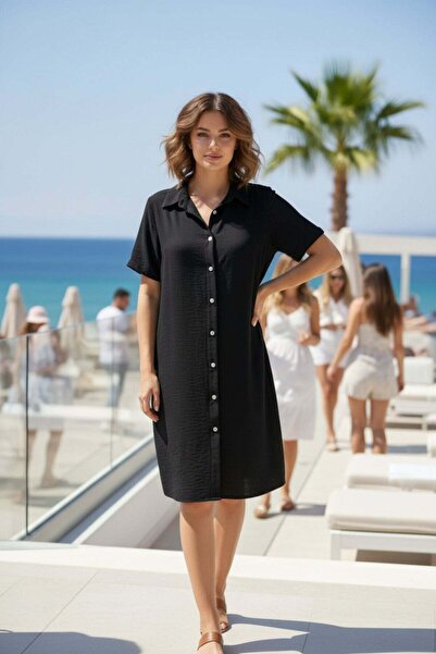 Mossta V-Neck Front Button Aerobin Dress - Black
