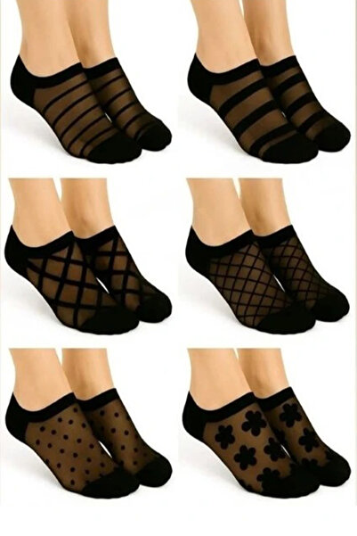 Meguca Socks 6 Pairs Women's Black Patterned Tulle Booties Socks Set