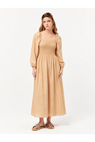 MyFlamenco Kare Yaka Modal Uzun Elbise