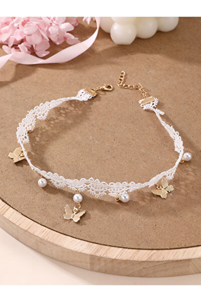 Take Two By Styli White Lace Choker Necklace with Butterfly and Pearl Charms