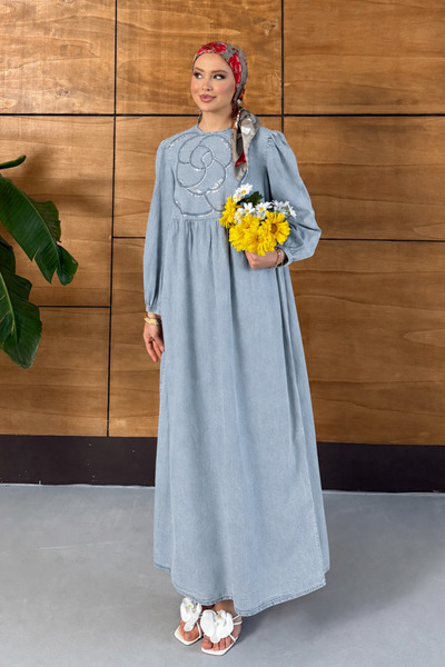 Miss Allos Women's Embroidered Balloon Sleeve Denim Dress
