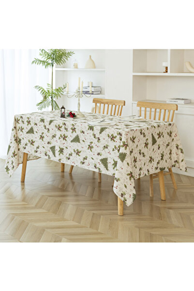 Zumzeria Beige and Gold Christmas Decorative Tablecloth with Trees, Branches,...