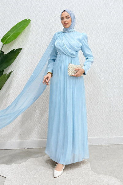 Tesettür Diyarı Bergüz Cape Janjan Fabric Lined Hijab Evening Dress - Ice Blue