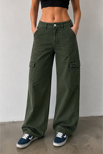 komera Women's Green Color Cargo Pocket 3449_S11 High Waist Jean Pants