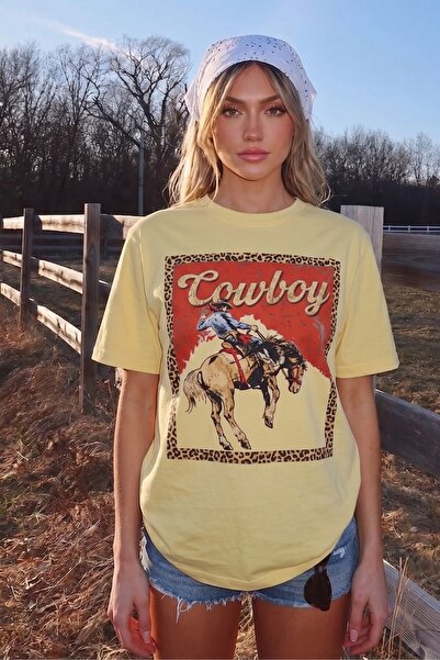 The Champ Clothing Tricou oversize pentru femei, galben cu imprimeu Western R...
