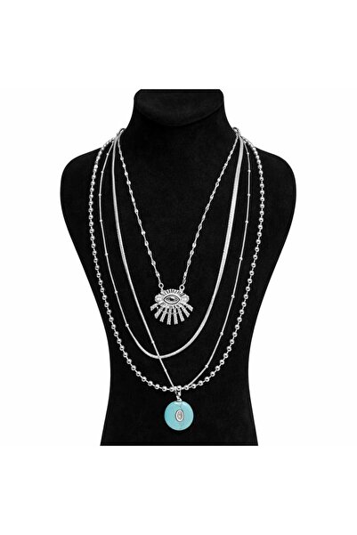 Karşıyaka Bijuteri Steel Turquoise Stone and Sparkling Eye Figured 4-Piece Co...