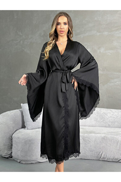 Take Two By Styli Black Lace Trim Satin Robe