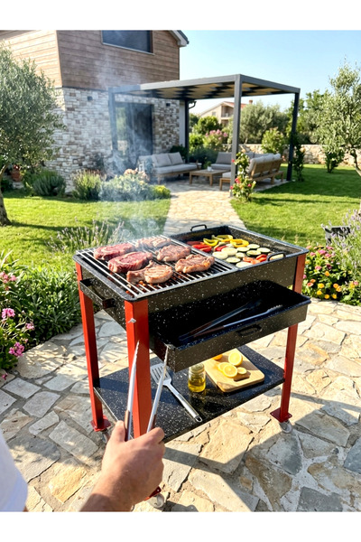 temiz iş Emaye Kaplama Pik Döküm Hazneli Portatif Ayaklı Mangal Barbekü Izgara
