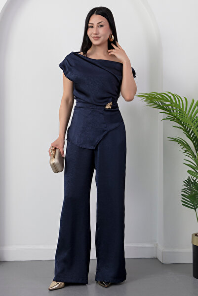 PULLIMM Wide Collar Buckle Symmetrical Blouse Double Set Grs3963