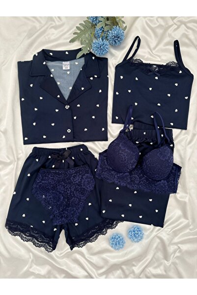 Lena Homewears Women's Heart Patterned Underwear 6-Piece Pajama Set – Strap S...