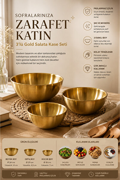 DİVAYS 3-Piece Gold Stainless Steel Salad Bowl Set Decorative Deep Presentati...