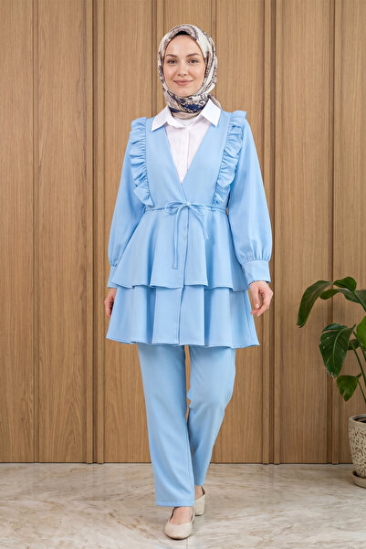 FERHEL Ruffled Belted Tunic Pants Double Set - Baby Blue