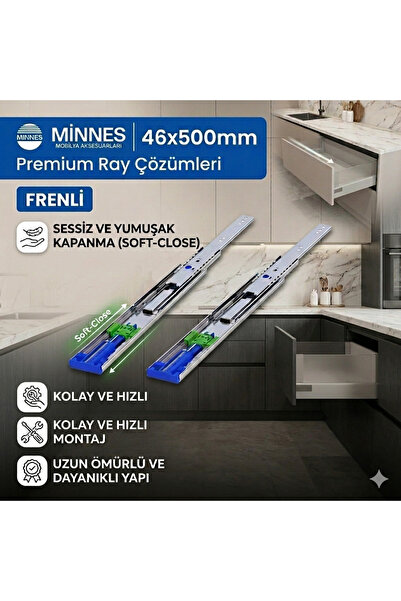 Minnes 46x500 mm Ağır Yük Çekmece Rayı Frenli Sessiz Yavaş Kapanan 80 kg Kapa...
