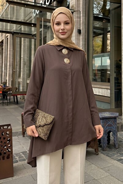 InStyle Double Buckle Placket Bitter Brown Asymmetrical Tunic