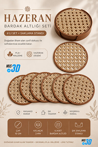 Mus3D MODERN HAZERAN BARDAK ALTLIĞI SETİ | Hazeran desenli | 6'lı Standlı Set...