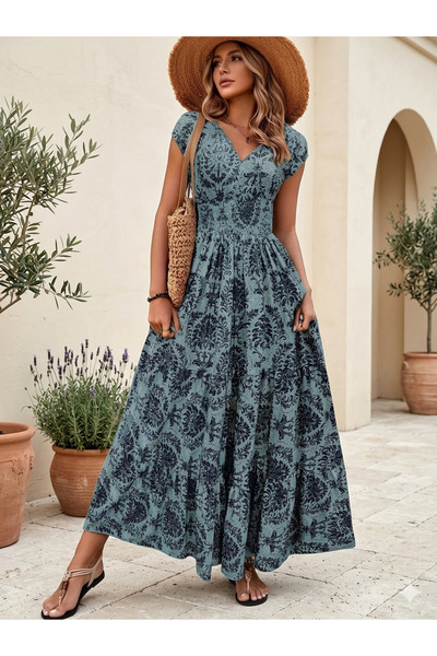 Kokosh moda Дамска дълга рокля от жарсе с десен за лятото, с ластик на талията