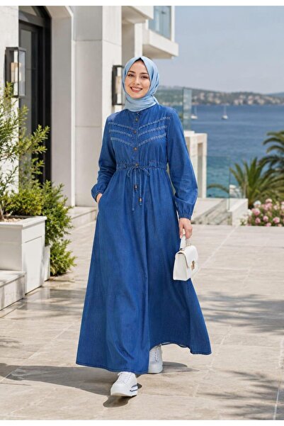 Hb Harma Time Butik Women's Lace Detailed Buttoned Blue Denim Dress with Wais...
