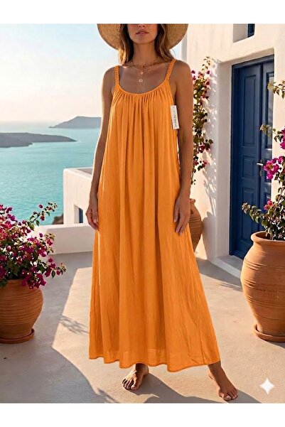 AYASOFYA OTANTIK Women's Italian Orange Strap Long Lined 100% Viscose Dress