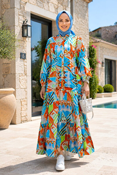Hb Harma Time Butik Women's Buttoned Floral Patterned Blue Modal Dress