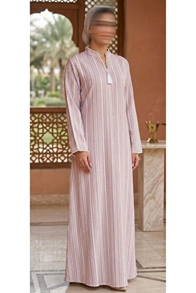 ISHRAQAT AL-AMAL Striped Long-Sleeved Robe with Soft Embroidery on the Edges,...